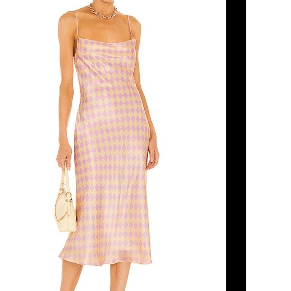 Olivia Rubin Silk Aubrey Harlequin Diamond Satin Slip Midi Dress Pink Yellow 0 - Picture 1 of 7